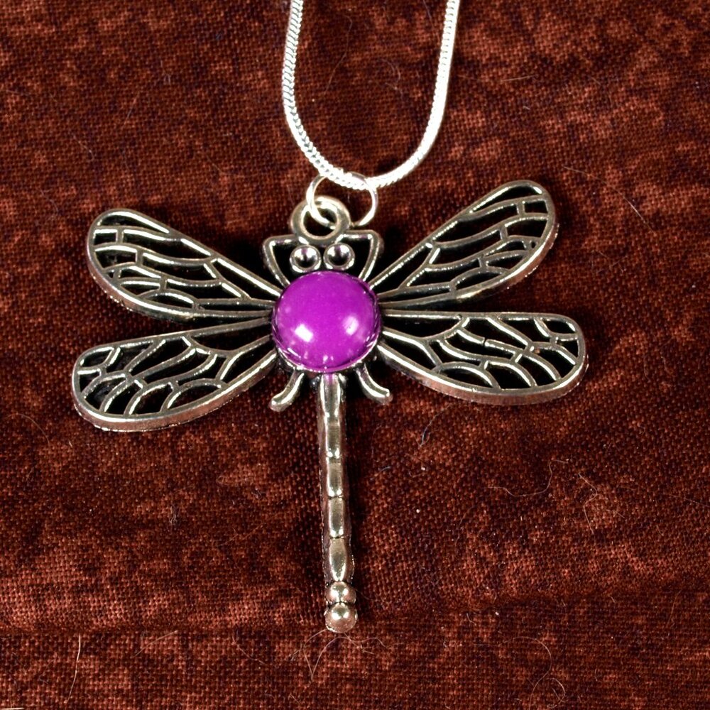 Silver Dragon Fly with Purple Body Necklace